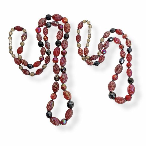 Beaded Necklaces Pair Molded Plastic Translucent Red Shimmer AB Shades Gold Tone - Picture 3 of 11